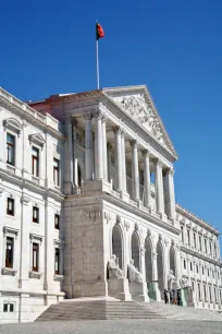 The central portico of the Portuguese parliament building in Lisbon